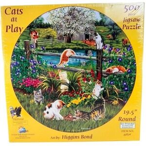 SunsOut Cats at Play 500 Piece Round Jigsaw Puzzle 19.5" Higgins Bond Sealed